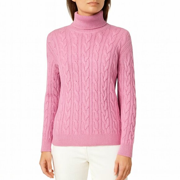 Johnstons of Elgin Pink Cashmere Cable Knit Turtleneck Sweater - Picture 1 of 9